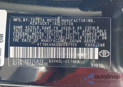 2009 Toyota Camry Xle V6 из США, поврежденный, VIN 4T1BK46K09U587126